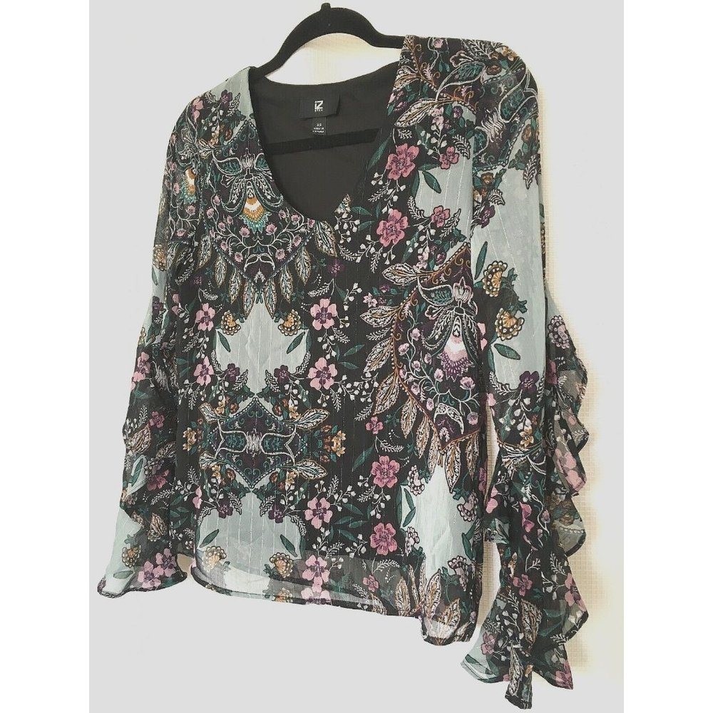 iZ Byer Women's Top Sheer Ruffled Sleeve Size XS Lined Floral Silver Metallic A9